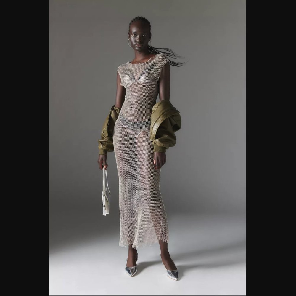 Silence + Noise Stephanie Cream Sheer Fishnet w. Crystals Midi Dress womens XL